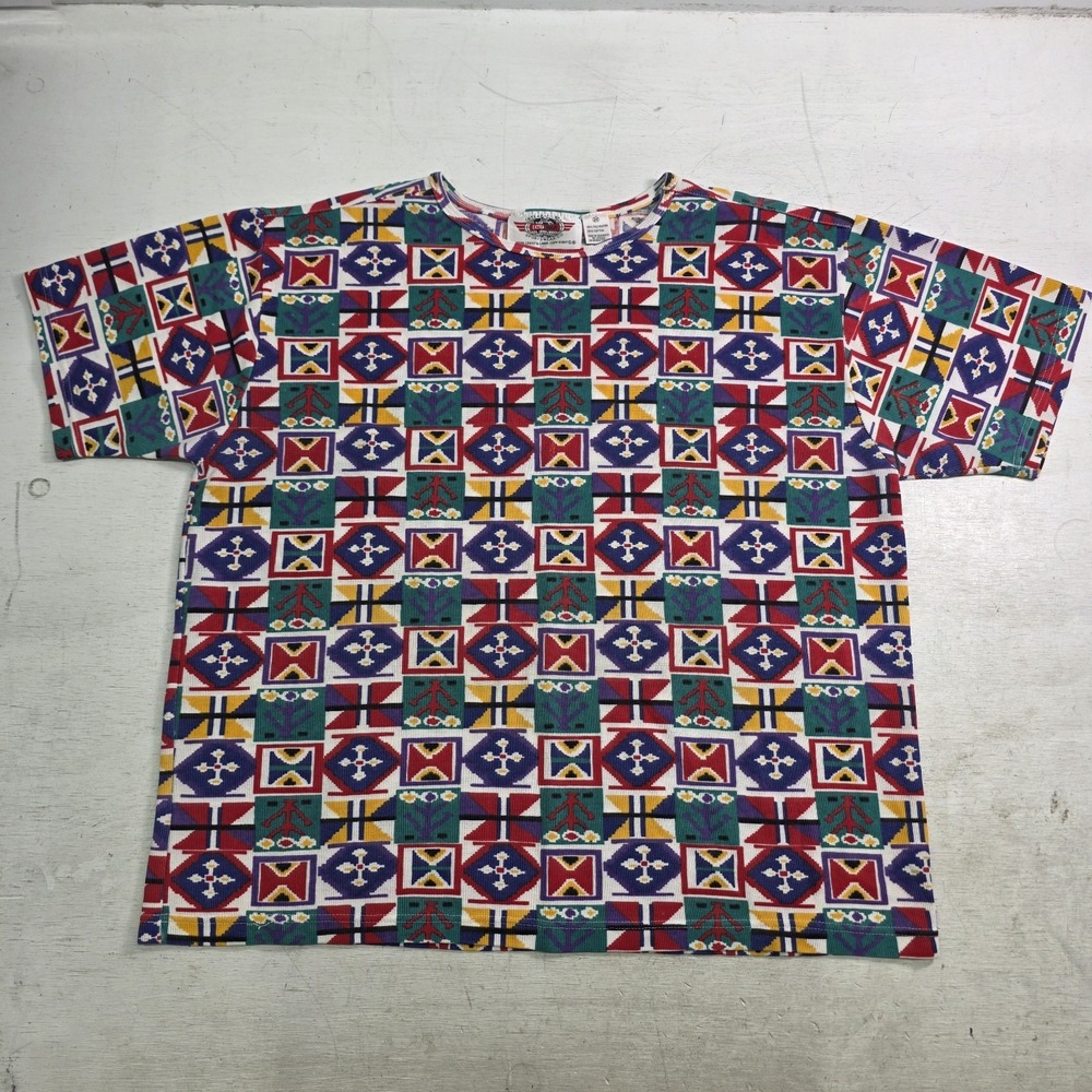 Vintage Extra Touch Aztec Geometric Mosaic All Over Print Ribbed Knit Shirt 2X